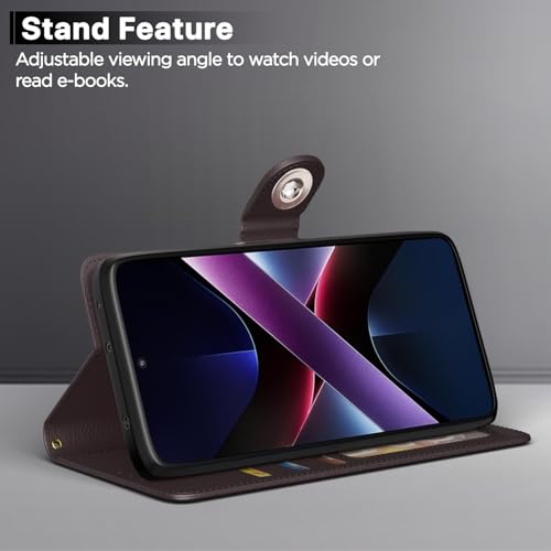 Image of Pikkme Flip Cover Leather Finish | Inside TPU with Card Pockets | Wallet Stand and Shock Proof | Complete Protection Button Flip Case for Poco X7 Pro 5G(Coffee)