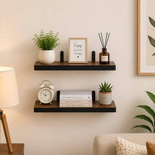 Image of Engineered Wood Floating Wall Shelves Pack of 2, Black 14x4 Inch Wooden Display Rack for Living Room, Bedroom, Kitchen, Office, Wall Mounted Bookshelf & Decorative Shelf