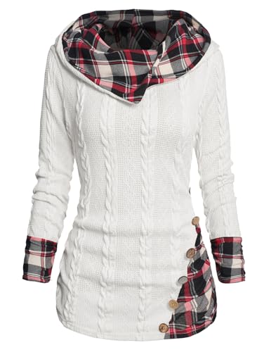Image of ZEZCLO Women's Twisted Cable Knit Plaid Print Hooded Sweater Mock Button Ruched Shawl Neck Knit Top