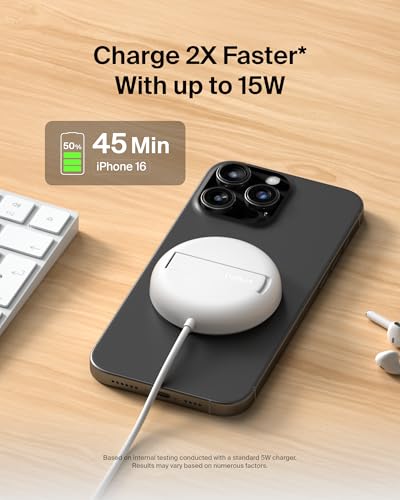 Image of Belkin Qi2 Magnetic Wireless Charging Pad 15W with Pop-Up Stand | MagSafe-Compatible Qi2 Certified Wireless Charger for iPhone 16, 15, 14, 13, Samsung Galaxy S25, S24, AirPods | White