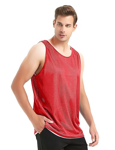 TopTie Camiseta Hombre Camisetas de Baloncesto Camiseta Interior Tirantes Sin Mangas Camiseta de Lacrosse Malla Reversible Rojo