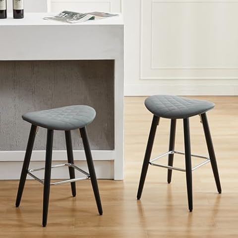 FERFALDER Backless Saddle Bar Stool Set of 2, PU Leather Counter Height Bar Stools, Counter Bar Stool, Sturdy Counter Saddle Stools, Bar Stools Counter Height for Kitchen Island, Grey Cover
