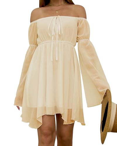 FDKLOOK Womens Off The Shoulder Dress Bell Sleeve Irregular Casual Party Flowy Chiffon Long Sleeve Fairy Dresses Beige M FDKLOOK Womens Off The Shoulder Dress Bell Sleeve Irregular Casual Party Flowy Chiffon Long Sleeve Fairy Dresses Beige M