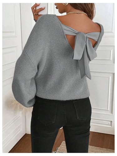 Image of GORGLITTER Women's Bow Fall Sweaters 2025 Cable Knit Chunky Oversized Long Sleeve Backless V Neck Pullover Tops