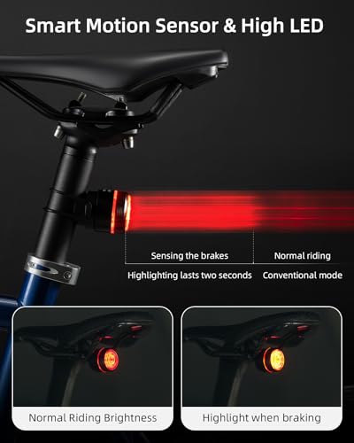 Image of ROCKBROS Smart Bike Tail Light Rear Bike Brake Light Bicycle Back Taillight | Bicycle Brake Sensing Light for e bike Road MTB, Bright Cycling Safety Red Flashlight, USB Rechargeable, Waterproof, 6 Modes