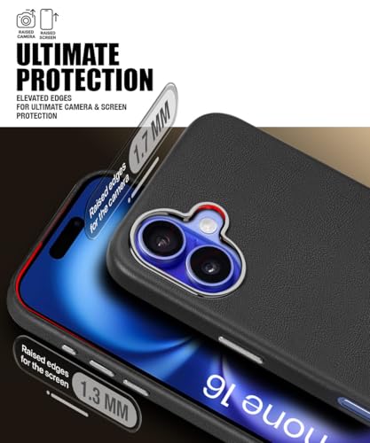 Image of WOW IMAGINE Back Cover for iPhone 16 | Shockproof Tough Leather Texture Hard Mobile Case | Ultra Slim Non-Slip Grip | Inner Velvet Fabric | Metal Camera Ring - Black