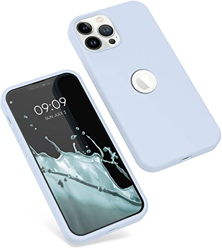 Image of Elzzi Microfiber Logo Cut Cover Compatible for iPhone 13 Pro Max Case Cushion Liquid Soft Silicone Gel Rubber Cases Full Body Protective Shockproof Back Cover 6.7 inch, Mist Blue