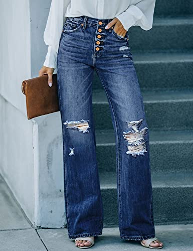 Lookbookstore High Waisted Jeans For Women Plus Size Cotton Jeans For Women Outfits Trendy Flared Jeans For Women High Waisted Dark Blue Size Small Fits Size 4 / Size 6 #TOP1