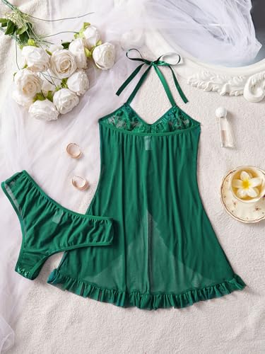 Image of Foxiny Sexy Halter Open Front Ruffle Sheer Mesh Lace Babydoll Lingerie Dress with Thong 2 Piece
