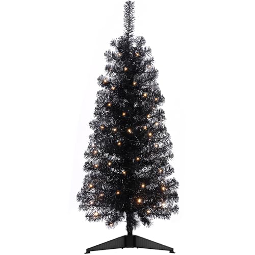 Decoway Pre-Lit Artificial Christmas Tree, 4ft Slim Black Tinsel Christmas Tree with Warm White...
