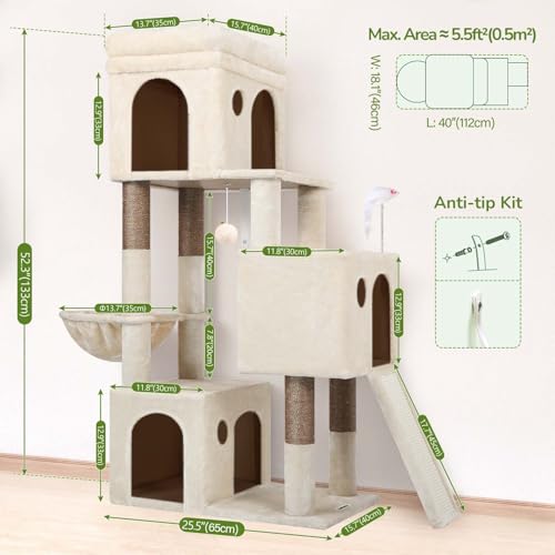 Image of Globlazer Heavy Duty Cat Tree for Indoor Cats Large Adult, F52B, Beige | 3 Condos, Extra-Large Baseboard, Removable Top Perch, 4 Sisal Posts & Board, Hanging Basket, Anti-Topple Strap, Easy Setup