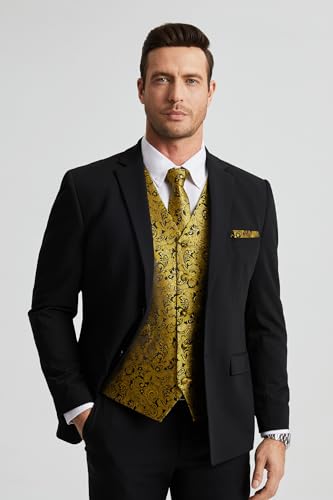 Image of HISDERN Vest and Tie Sets for Men Vests Paisley Floral Jacquard Necktie Pocket Square 3PCS Waistcoat for Suit or Tuxedo