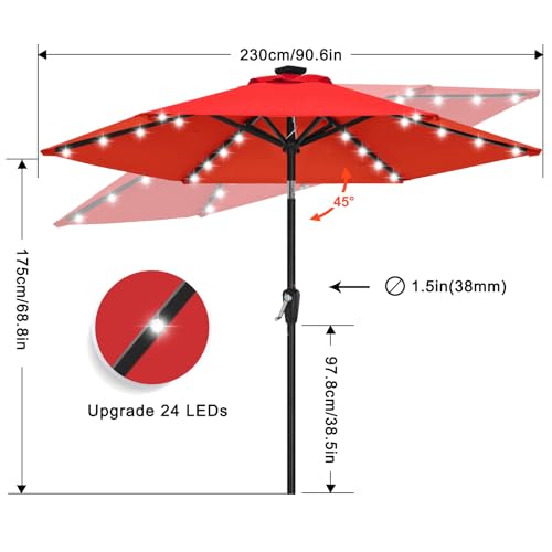 Image of ABCCANOPY Durable Solar Led Patio Umbrellas with 24LED Lights 7.5FT with 6 Sturdy Ribs (Logo Red)