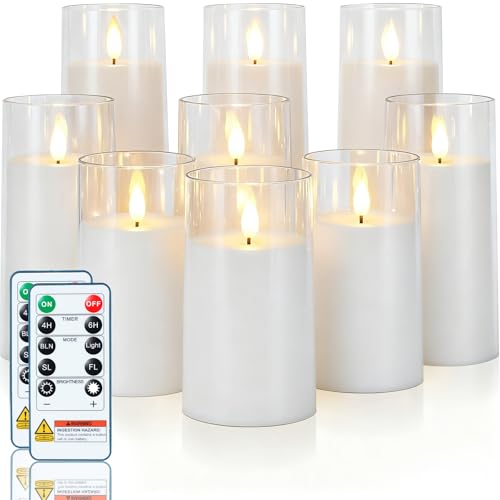 Image of Homemory Pure White Flickering Flameless Candles, Battery Operated Acrylic LED Pillar Candles with Remote Control and Timer, Set of 9