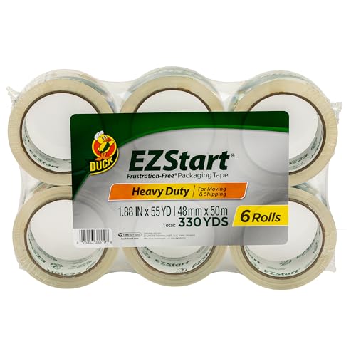 Duck EZ Start Clear Packing Tape Refills - 6 Rolls of Quiet Easy Start Packaging Tape for Boxes, Shipping, Moving & Storage - 1.88 Inch x 55 Yards - 3' Core - Clear (287862)
