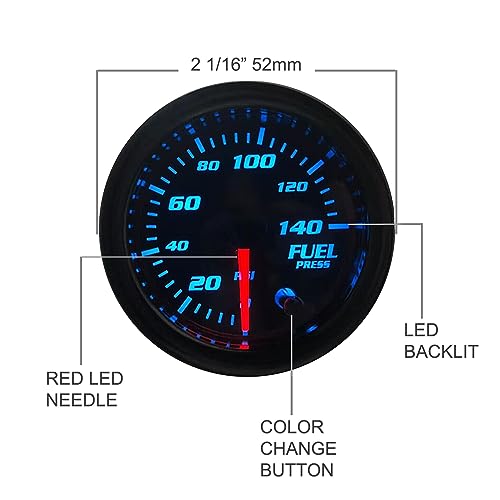 Image of 2-1 /16 inch 52mm Fuel Pressure Gauge, Tinted, 7 Color, 0-140 PSI | Includes Electronic Sensor, Kit