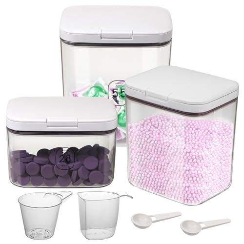 Exclaith 3 Pack Laundry Powder Containers & Dryer Sheet Holder with Lids 5.5L 2.8L and 2L Large Capacity Laundry Powder Container With Pop-Up Lid Pods container for Scent Beads, Balls, Detergent