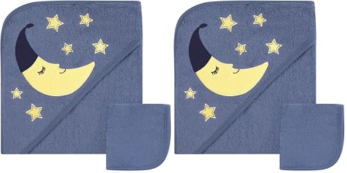 Image of Hudson Baby Unisex Baby Cotton Hooded Towel and Washcloth, Moon, One Size (Pack of 2)