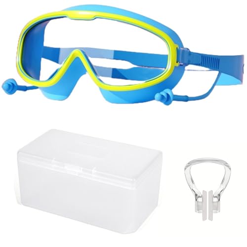Image of Polyvinyl Chloride Swimming Goggles proffesional for kids anti fog with ear plug and nose clip.box packed fits 4-16 years boys and Girl (Blue Yellow)