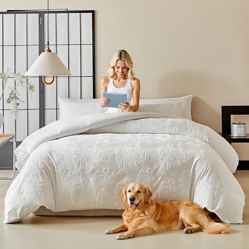 Image of 7 Pieces Bow Comforter Set for Girls White Tufted Boho Bedding Set Queen Size Farmhouse Bed in A Bag as Gifts (1 Comforter, 1 Flat Sheet, 1 Fitted Sheet, 2 Pillowcase and 2 Pillow Sham)