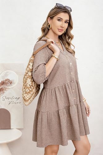 Image of utcoco Women's 2026 Spring Summer Plaid Shirt Dress 3 /4 Puff Sleeve Button Down Loose Casual Midi Dress with Pockets