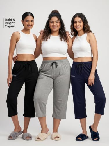 Image of Fflirtygo Women's Cotton Plain Calf Length Capri | Nightwear Pajama | 3 /4th Solid Pyjama Pant | Black Navy and Lavender Lounge Pants | Casual wear & Lounge Wear Capri Combo (Pack of 3)