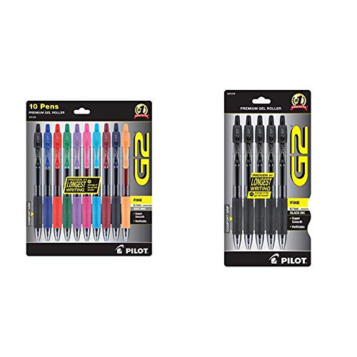 PILOT G2 Premium Rolling Ball Gel Pens, Fine Point, Assorted Color Inks, 10-Pack (31236) & G2 Premium Refillable & Retractable Rolling Ball Gel Pens, Fine Point, Black Ink, 5-Pack (31078)