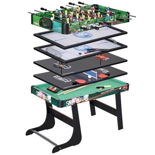 HOMCOM Mesa Multijuegos 6 en 1 Plegable para Niños de 7+ Años Mesa de Juegos Billar Futbolín Ping Pong Aro de Lanzamiento Hockey sobre Hielo Aire Hockey 118x104x71 cm Multicolor