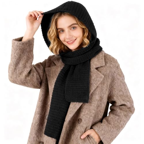 TAGVO 2-in-1 Strick-Schal mit Kapuze für Damen, Weicher Winter-Strickschal mit Mütze, Hut und Halswärmer, Weicher Pullover Sturmhaube für Herbst & Milden Winter
