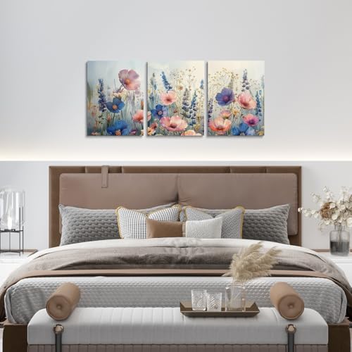 Décoration murale fleurs sauvages aquarelles triptyque tableau salon et chambre enfant