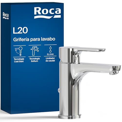 Roca L20 Grifería para lavabo con tecnología Cold Start, grifo monomando con enlaces de alimentación flexibles y enganche para cadenilla incluidos, mezclador para cuarto de baño, cromado, A5A3J09C00