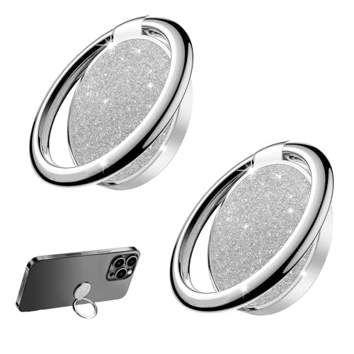 2 Piezas Anillo Soporte para Movil, 360° Rotación, Adhesión Fuerte, Agarre Movil Dedo Compatible con Smartphones de 4 a 8 Pulgadas, Plata Brillante