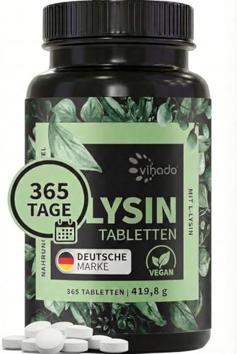 Vihado Lysin Tabletten Jahresvorrat 800 mg L-Lysin pro Tablette fermentiertes L Lysin HCL 365 vegane Tabletten