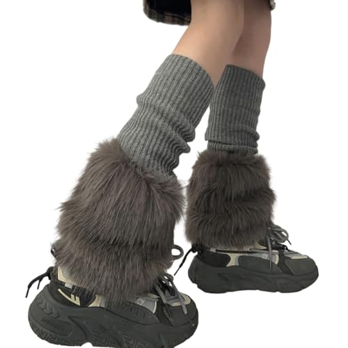 Japanese Women Winter Ribbed Knitted Leg Warmer Furry Plush Patchwork Boot Stacked Long Socks