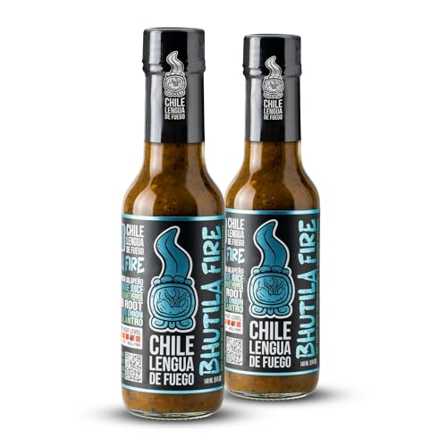 Image of Chile Lengua de Fuego Bhutila Fire - Carolina Reaper, Ghost Pepper & Scotch Bonnet Hot Sauce, Citrus & Smoke, 5 oz Bottle (Pack of 2)