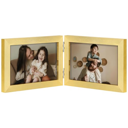 decorUhome Double 6x4 Picture Frame Horizontal, Engineered Wood Bifold Photo Frame with Plexiglass for Tabletop Display, 6x4, Gold