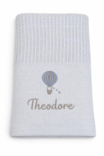 Lobeko Personalised Cellular Baby Blanket with Embroidered Name 100% Cotton Soft Breathable Newborn Blanket Pram Crib Moses Basket Blanket Hot Air Balloon Design 70x110cm (4 Colours) (Baby Blue)