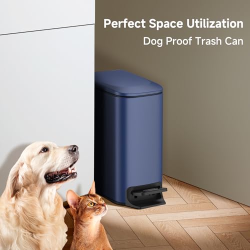 Image of TIPGO Small Bathroom Trash Can with Lid, 1.6 Gal, Soft Close, Navy Blue | Foot Pedal, Soft Quiet Lid, 5.9'' Slim for Narrow Space, Stainless Steel, Anti-fingerprint, Removable Inner Bucket, Odor Seal