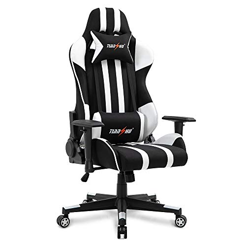 TIANSHU Gaming stoel Hoge rug Computer Game Chair Bureaustoel PP stof en PU lederen racestoel PC Ergonomische stoel met hoofdsteun en lendenkussen Verstelbare draaistoel E-Sports Chair, Wit
