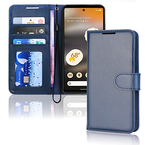 TECHGEAR Pixel 6a Leather Wallet Case Flip Protective Case Cover with Wallet Card Holder Stand and Wrist Strap - Blue PU Leather with Magnetic Closure Designed For Google Pixel 6a