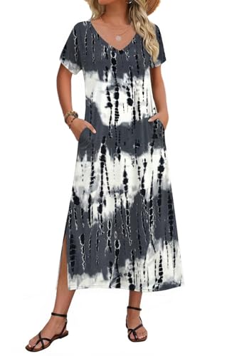 Image of Zeagoo Women Summer Floral Dress Short Sleeve Beach Dress with Pockets Casual V-Neck Split Long T-Shirt Dress Travel Vacation