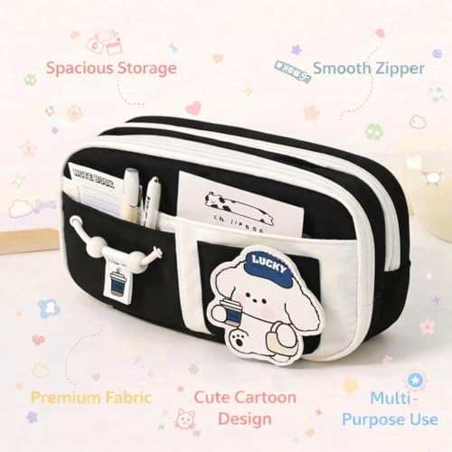Image of Canvas School Bag Pencil Case, 3 Layer 6 Compartment Large Capacity, Aesthetic Pencil Pouch for Stationary, Cute Stationery for Kids, Pencil Case for Girls & Boys (Black)