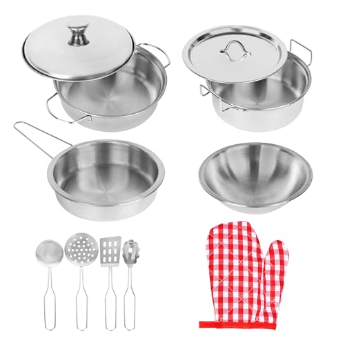 Playkidz Stainless Steel Pots and Pans - Toy Cookware 9 Piece Playset for Kids Pretend Play House - Great Birthday Gift for Girls