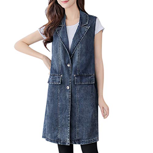 DIOMOR Womens Casual Transition Sleeveless Denim Jacket with Big Pockets Fashion Washed Long Denim Vest Button Overcoat