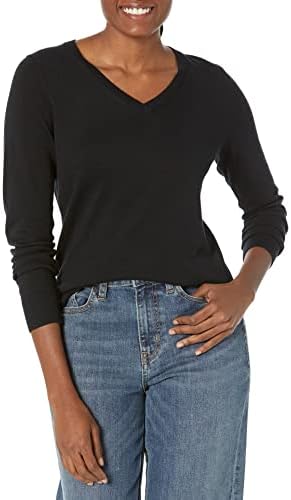 Amazon Essentials Women's Classic-Fit Lightweight Long-Sleeve V-Neck Sweater (Available in Plus Size), Black, Large