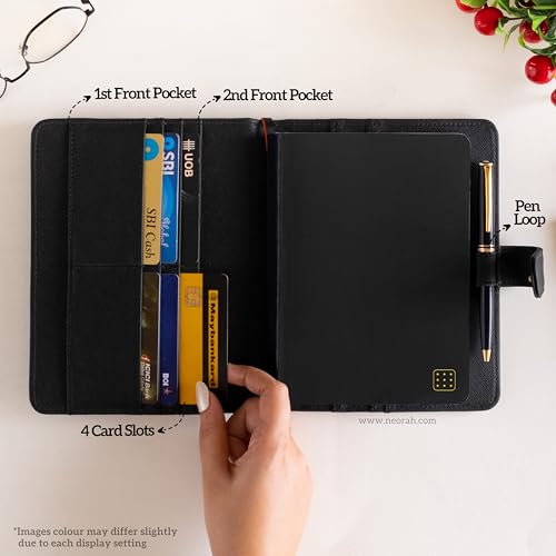 Image of NEORAH - B6 Notebook SLEEVE with SNAP Button + Dotgrid JOURNAL | Faux Leather Sleeve + Penloop | 2 Front 1 Back compartment | 6 Card Slots - BLACK