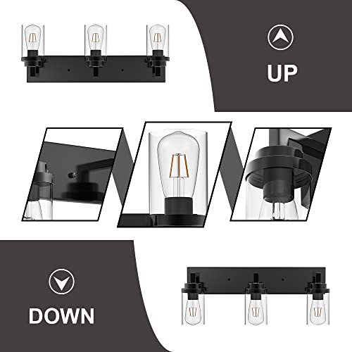 Image of MELUCEE Vintage Bathroom Lighting Fixtures Over Mirror, 3-Light Modern Vanity Lights Black Finish Industrial Wall Sconce with Clear Glass Shade