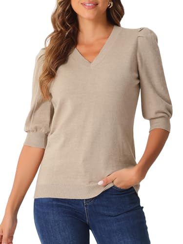 Image of Allegra K Sweater Tops for Women Puff Short Sleeve V Neck Trendy Business Casual Summer t Shirt Blouses