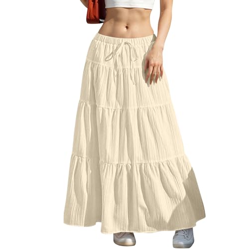Boho Maxi Skirt Drawstring Pleated Ankle Length High Waist Summer A-Line Long Peasant Skirts Trendy Beach Outfits2