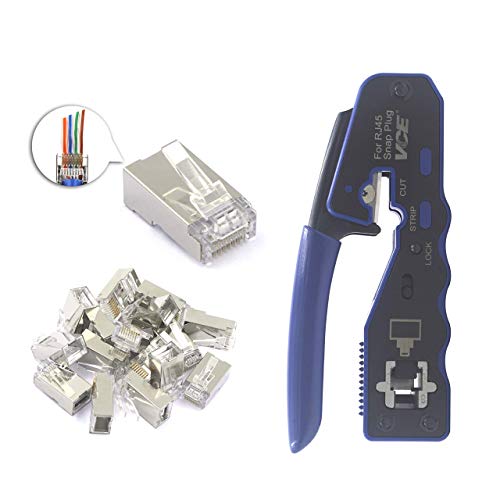VCE Combo RJ45 Pass-Through Plug Network Crimping Tool Ethernet All-in-one Crimp Multi-Tool Bundle with 50-Pack CAT6 End Pass Through Modular Plugs